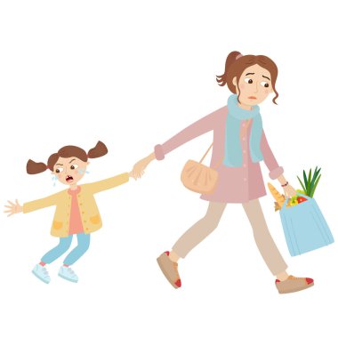 Üzgün anne çığlık atan ve ağlayan bir kızın elini tutuyor ve elinde sebzelerle dolu bir alışveriş çantası ve beyaz arka planda bir baget vektör çizimi tutuyor.