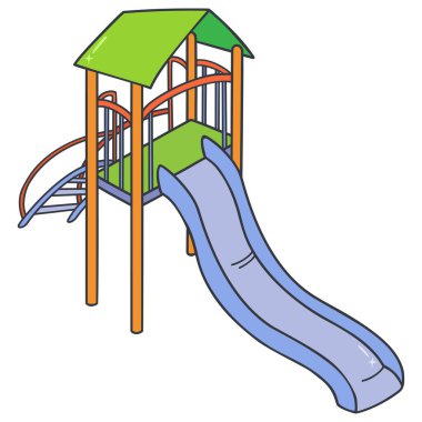 Beyaz arkaplanda yeşil çatılı ve merdiven vektör resimli ücretsiz oyun alanı düz slayt