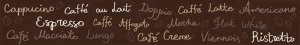 Horizontal Banner Names Coffee Drinks Brown Background Drawings Leaves Coffee — Stock Vector
