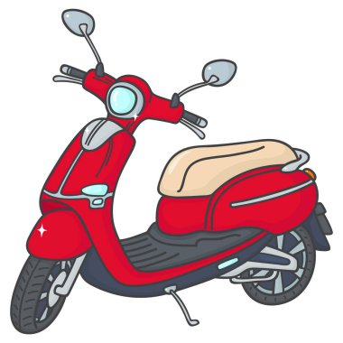 Parlak kırmızı elektrikli scooter, bej koltuklu, döşeme tahtalı ve beyaz arka planda küçük tekerlek vektör çizimi.