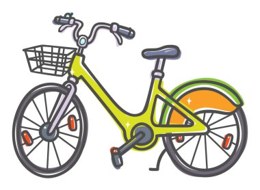 Shared-use bicycle with Shiny Lime green frame and with a basket color outline style vector illustration on the white backgroun clipart