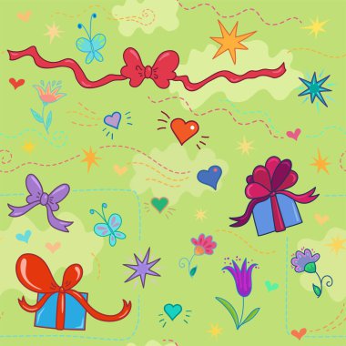 Çok renkli hediye kutularıyla kusursuz desen, yeşil arkaplan çiziminde fiyonklu kurdeleler, yıldızlar, çiçekler ve kelebekler.