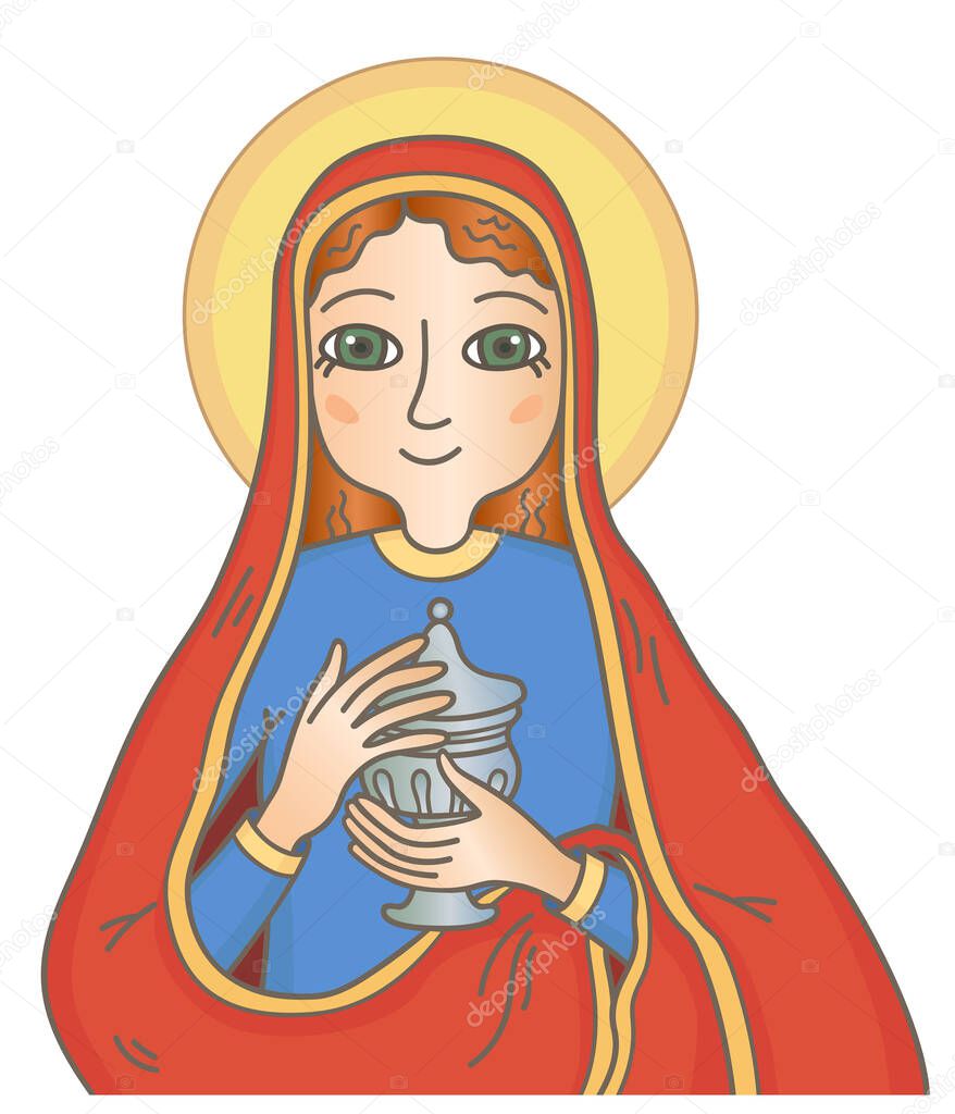 Mary Magdalene, a follower of Jesus with one of her attribute,  an ointment pot in her hands vector illustration