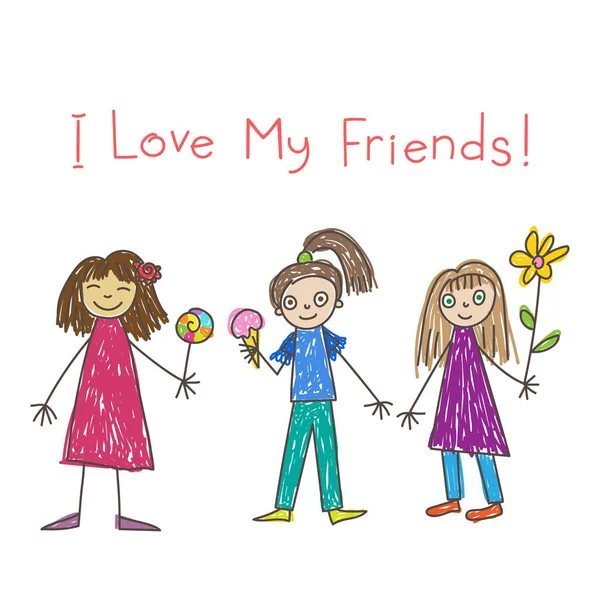 Porträt Von Drei Freunden Lächelnde Mädchen Mit Lollypop Eis Und — Stockvektor