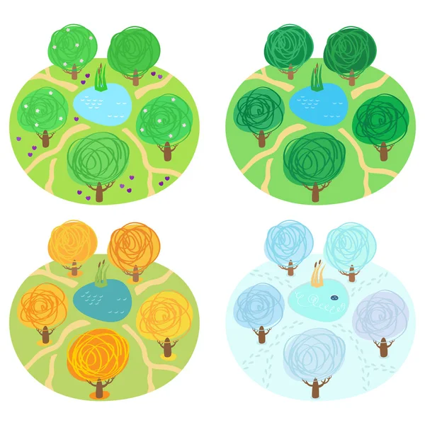 Four Seasons Vector Illustration Five Trees Little Pond Brown Reedmace — Stock Vector