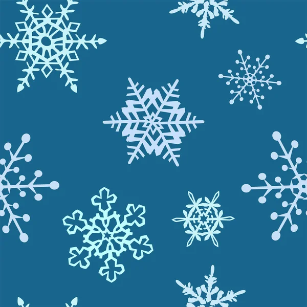 濃い青緑の背景にライトブルーの雪片が多いシームレスなパターンベクトル図 — ストックベクタ