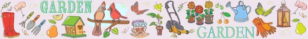 Conjunto de jardinagem ilustração banner horizontal — Vetor de Stock