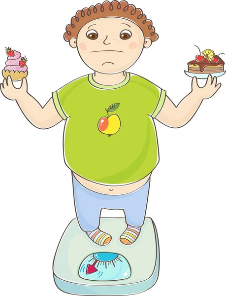 Boy with overweight standing on the scales with a cakes in hands — Stock Vector