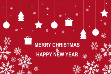 Beyaz kar taneleri olan bir Noel tasarımı ve Mutlu Noeller ve mutlu yıllar mesajlarıyla süslenmiş. Tasarım için alanı kopyala. Düz tasarım vektör çizimi