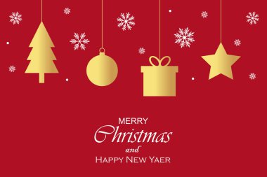 Kırmızı arka planda asılı duran altın Noel süslemesi metin ya da tasarım için fotokopi alanı var. Xmas ve Yeni Yıl şablonu. Düz tasarım vektör çizimi