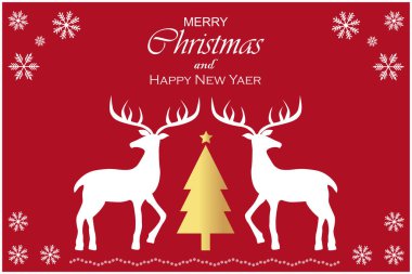 İki ren geyiği ve kırmızı zemin üzerinde kar taneleriyle izole edilmiş altın bir Noel ağacı. Xmas ve Yeni Yıl şablonu. Metin veya tasarım için boşluk kopyala. Düz tasarım vektör çizimi