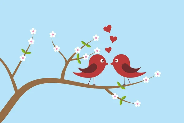 Две Милые Влюблённые Птицы Целуются Ветвях Белыми Цветами Весенний День — стоковый вектор