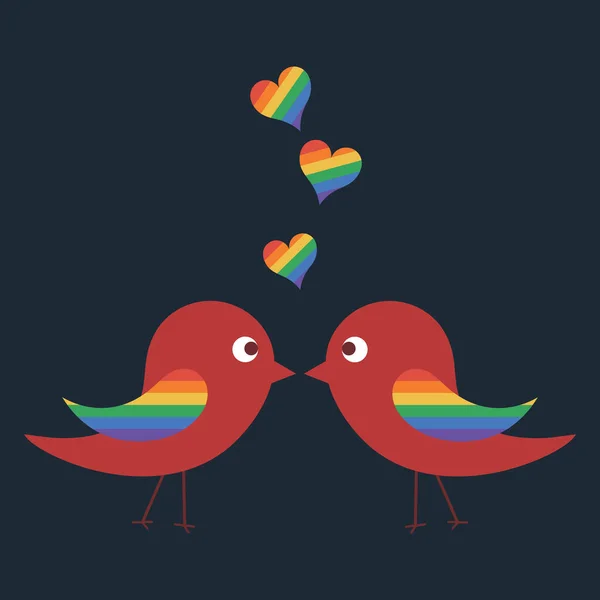 两只可爱的小鸟爱上了彩虹色的翅膀和围绕着头的心 男女同性恋 双性恋和变性者在黑色背景上接吻 为设计或文字复制空间 平面矢量图解 — 图库矢量图片