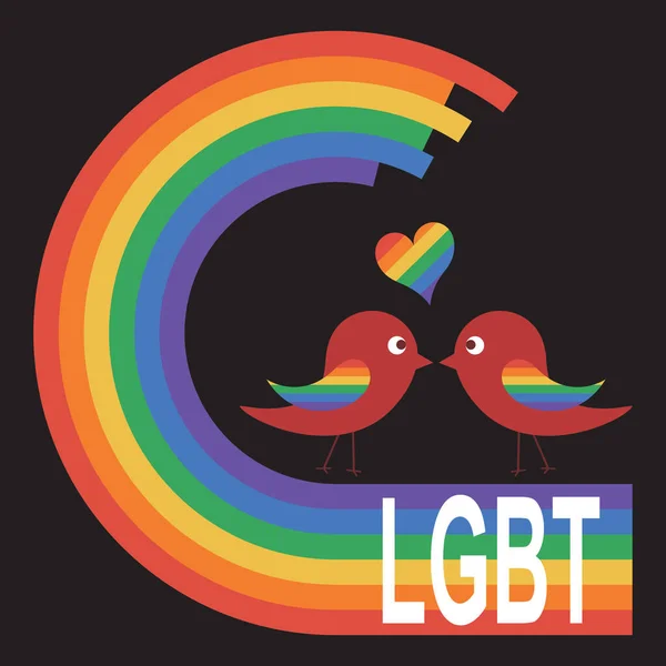 两只可爱的小鸟在彩虹上用Lgbt文字亲吻 为设计或文字复制空间 平面矢量图解 — 图库矢量图片