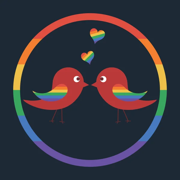 Dos Lindos Pájaros Enamorados Besándose Círculo Color Arco Iris Concepto — Archivo Imágenes Vectoriales