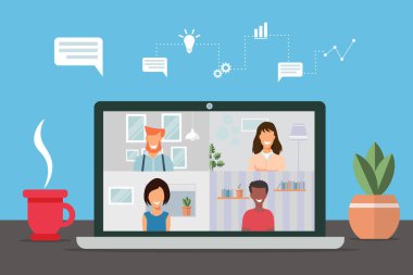 Evdeki bir dizüstü bilgisayarda grup üyeleriyle video konferansı, internette buluşma. İş hakkında konuşan arkadaşlar. Yeni normal ve covid-19 konsepti. Düz tasarım vektör çizimi