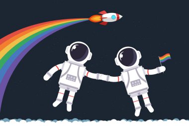 Uzayda el ele tutuşan iki eşcinsel astronot ve arka planda bir roket gökkuşağı renkli duman yayıyor. Tasarım veya metin için alanı kopyala. Düz biçim tasarım vektörü