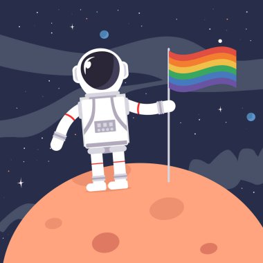 Astronot, Ay ve Süt Yolu galaksisinde LGBT bayrağı taşıyor. Arka planda yıldızlar ve gezegenler var. Tasarım veya metin için alanı kopyala. Düz biçim tasarım vektörü