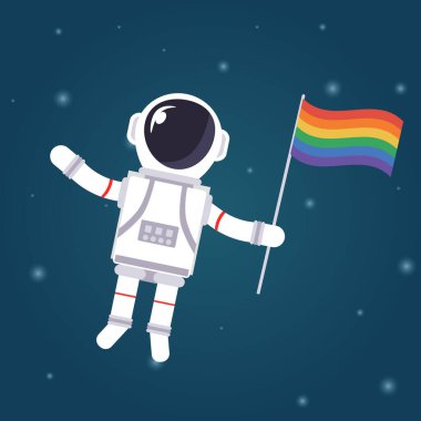 Astronot elinde eşcinsel bayrağı tutup uzayda süzülüyor. LGBT ve homoseksüellik kavramı. Tasarım için alanı kopyala. Düz biçim tasarım vektörü
