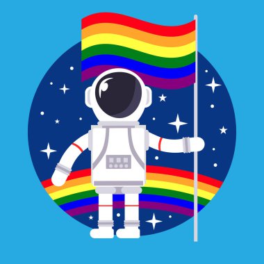 Gökkuşağının önünde eşcinsel bir bayrak tutan astronot ve arka planda boşluk. LGBT ve homoseksüellik konsepti. Tasarım için alanı kopyala. Düz biçim tasarım vektörü