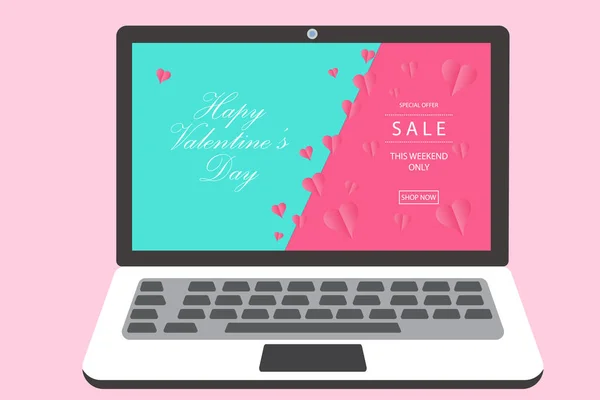 Ноутбук Праздничным Баннером Дню Святого Валентина Экран Сердечками Розовым Голубым — стоковый вектор
