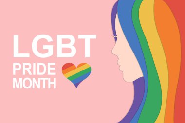 Saç stili gökkuşağı rengine boyanmış siluetli kadın kafası ve metin LGBT gurur ayı ile kopyalama alanı. Düz biçim vektör illüstrasyonu