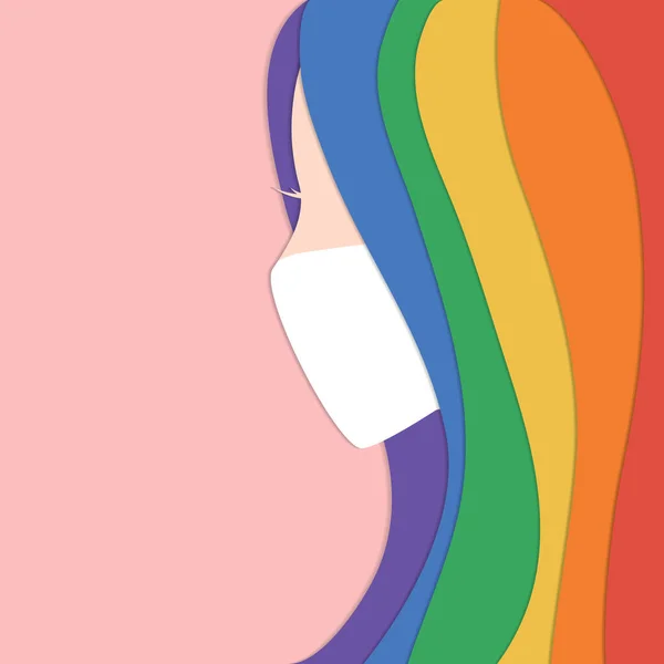 拥有彩虹色的发型和粉色背景的护肤面罩的女人 Covid Gay Concept Flat Vector Illustration — 图库矢量图片