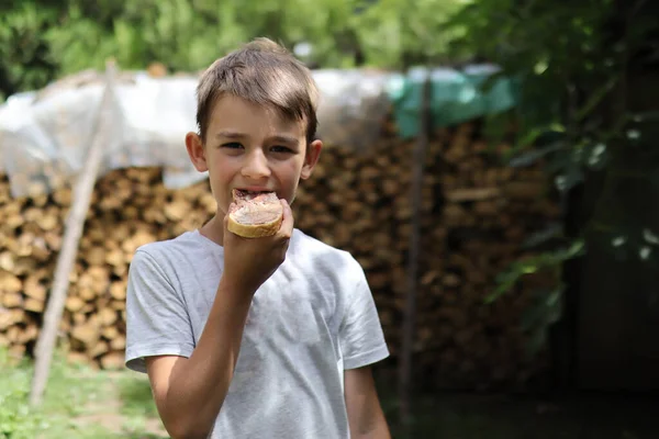 Boy Eats Piece Bread Smeared Chocolate Coating Nature Summer Sunny — Stock Photo, Image