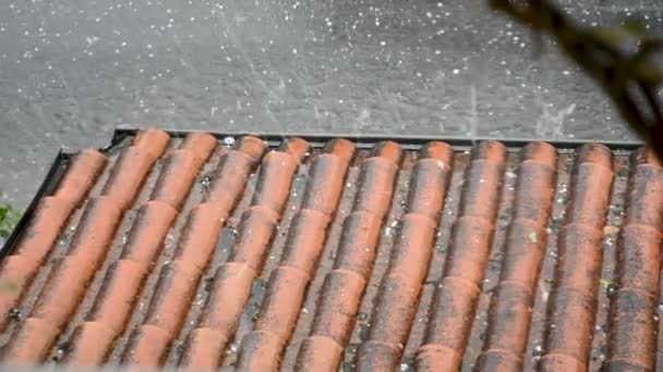 夏天的一天 大雹和大雨落在房顶和街上 室外坏天气透过窗户看 — 图库视频影像