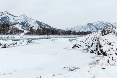 Kışın nehirde büyük kayalar. Ağaçlar ve taşlar karla kaplı.