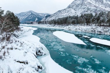 Kışın nehirde kaya, taş ve buz manzarası. Ağaçlar ve taşlar karla kaplı.
