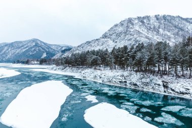 Nehirde kayalar, taşlar ve buzla kaplı kış manzarası. Ağaçlar ve taşlar karla kaplı.