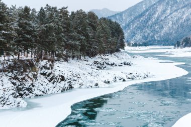 Nehirde kayalar, taşlar ve buzla kaplı kış manzarası. Ağaçlar ve taşlar karla kaplı.