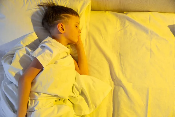 Cute Little Boy Sleeping His Comfortable Bed Morning Yellow Sun — Stock Photo, Image