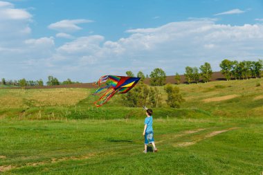 Açık hava aktivitesi. Renkli bir uçurtması olan mutlu çocuk yazın çayırda koşuyor ve eğleniyor.
