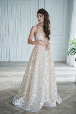 Güzel makyajlı, saç stili ve stüdyo fotoğraflı şık bir gelinlik giymiş genç bir gelinin portresi. Genç, çekici bir model.