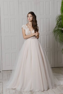 Güzel makyajlı, saç stili ve stüdyo fotoğraflı şık bir gelinlik giymiş genç bir gelinin portresi. Genç, çekici bir model.