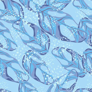 Rastgele canavar yaprağı süslemesi. Mavi arka plan ve sıçramalar. Parlak botanik baskısı. Kumaş tasarımı, tekstil baskısı, ambalaj, kapak için harika. Vektör illüstrasyonu.