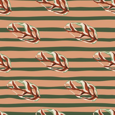 Basit kırmızı canavar şekilleri kusursuz doğa kalıplarıdır. Palmiye yaprakları soluk pembe ve gri çizgili arka planda süslenir. Kumaş tasarımı, tekstil baskısı, ambalaj, kapak için harika. Vektör illüstrasyonu.