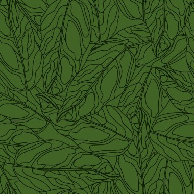 Organik dış hatları olan rastgele karalama kalıpları elementler bırakır. Yeşil tonlar sanat eseri. Botanik arka planı. Kumaş tasarımı, tekstil baskısı, ambalaj ve kapak için tasarlandı. Vektör illüstrasyonu.