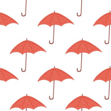 Kusursuz, karalama şemsiyeli, basit siluetler. Beyaz arka planda kırmızı aksesuar. Basit sezon baskısı. Kumaş tasarımı, tekstil baskısı, ambalaj, kapak için. Vektör illüstrasyonu.