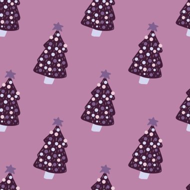 Noel ağacı ve İskandinav desenli karalamalı kış deseni. Eflatun arkaplanda dekoru olan mor bir leke. Kumaş tasarımı, tekstil baskısı, ambalaj ve kapak için mükemmel. Vektör illüstrasyonu.