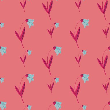 Mavi campanula çiçek siluetleri kusursuz karalama desenleri. Pembe arka planda stilize edilmiş doğa baskısı. Flora süsü. Kumaş tasarımı, tekstil baskısı, ambalaj ve kapak için tasarlandı. Vektör illüstrasyonu.