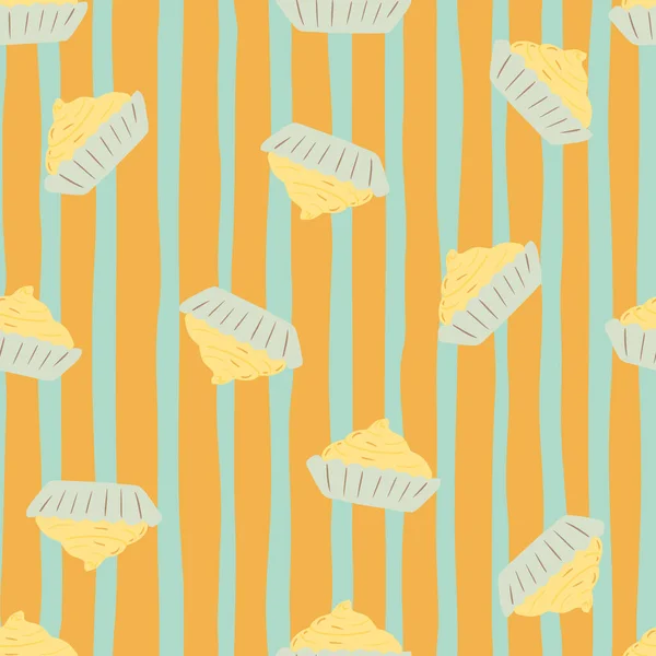 クリームシームレスランダムなパターンを持つドールバスケット 縞模様の背景に黄色のレモンカップケーキ 食べ物のアートワーク 生地デザイン テキスタイルプリント ラッピング カバーに最適です ベクターイラスト — ストックベクタ