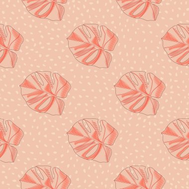 Soyut canavar, elementleri pürüzsüz bir şekilde bırakır. Noktalı arkaplanda elle çizilmiş pembe bir süs. Kumaş tasarımı için dekoratif zemin, tekstil baskısı, ambalaj, kapak. Vektör illüstrasyonu