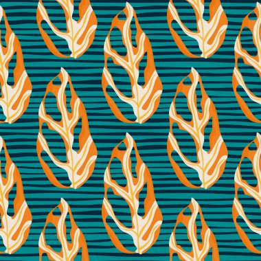 Tersine, kusursuz mermer canavar yaprağı silueti deseni. Turkuaz çizgili arka planda turuncu mermer tropikal yapraklar. Kumaş tasarımı, tekstil, ambalaj ve örtü için mükemmel. Vektör illüstrasyonu