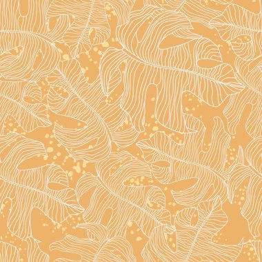 Canavar ana hatlı siluet süslemesi olan rastgele deniz karmaşası deseni. Sıçrayan turuncu arka plan. Kumaş tasarımı, tekstil baskısı, ambalaj ve kapak için tasarlandı. Vektör illüstrasyonu.