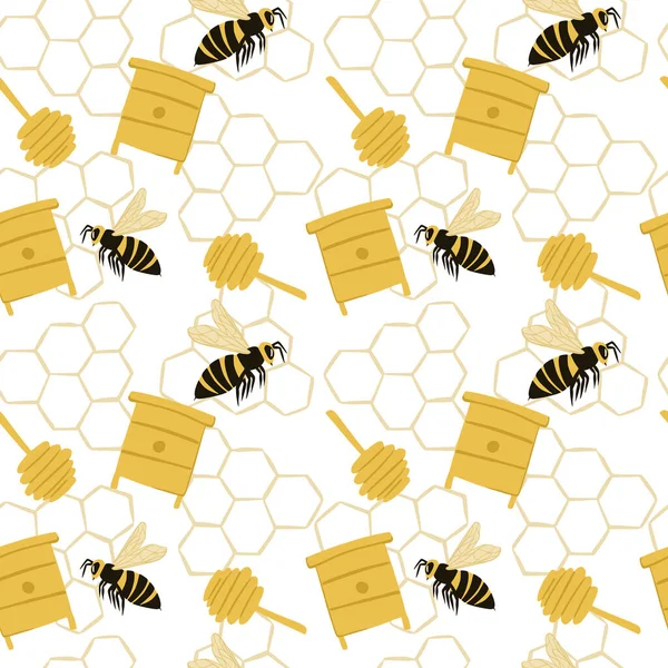 黄色の蜂 蜂の巣 ハニースプーンのシルエットでシームレスなパターンをかわす 白い背景にハニーコンブ 生地デザイン テキスタイルプリント ラッピング カバーに最適です ベクターイラスト — ストックベクタ