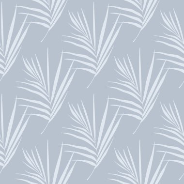 Eğreltiotu yaprağı dikişsiz tropikal desen. Mavi ışık tonlarında minimalist bir süs. Orman sanat eserleri. Kumaş tasarımı, tekstil baskısı, ambalaj ve kapak için mükemmel. Vektör illüstrasyonu.