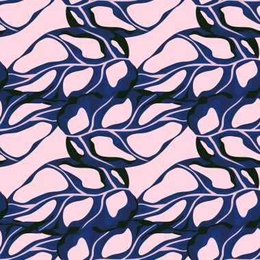 Soyut geometrik dikişsiz kalıp ve canavar yaprağı siluetleri. Pembe ve lacivert palmiye mermeri. Kumaş tasarımı, tekstil baskısı, ambalaj ve kapak için mükemmel. Vektör illüstrasyonu